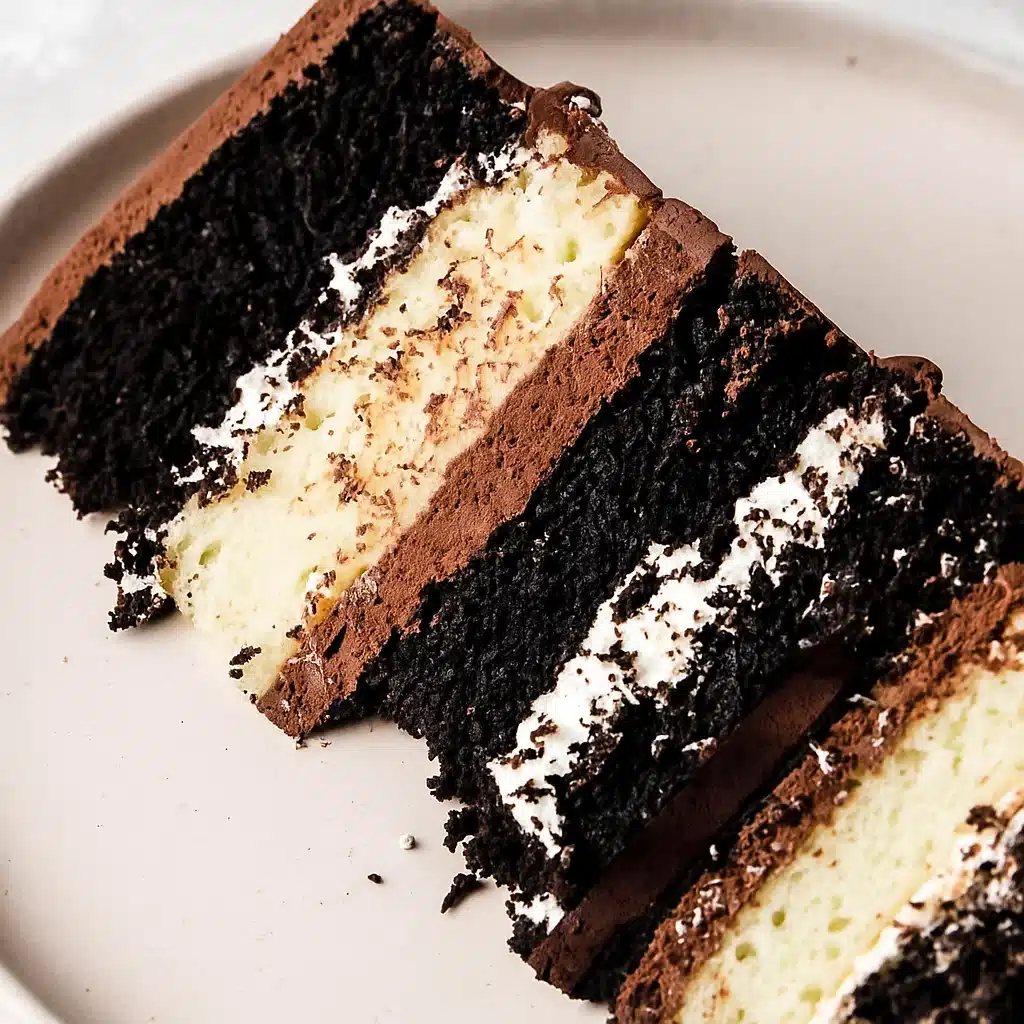 Chocolate Tuxedo Cake 8 Elegant chocolate tuxedo cake with dark and white chocolate layers