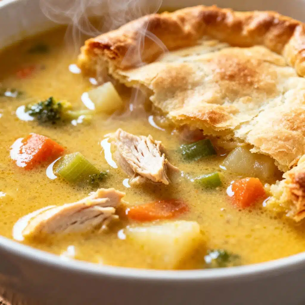 Chicken Pot Pie Soup 8 A bowl of creamy chicken pot pie soup with tender chicken, carrots, peas, and herbs, served with a warm biscuit