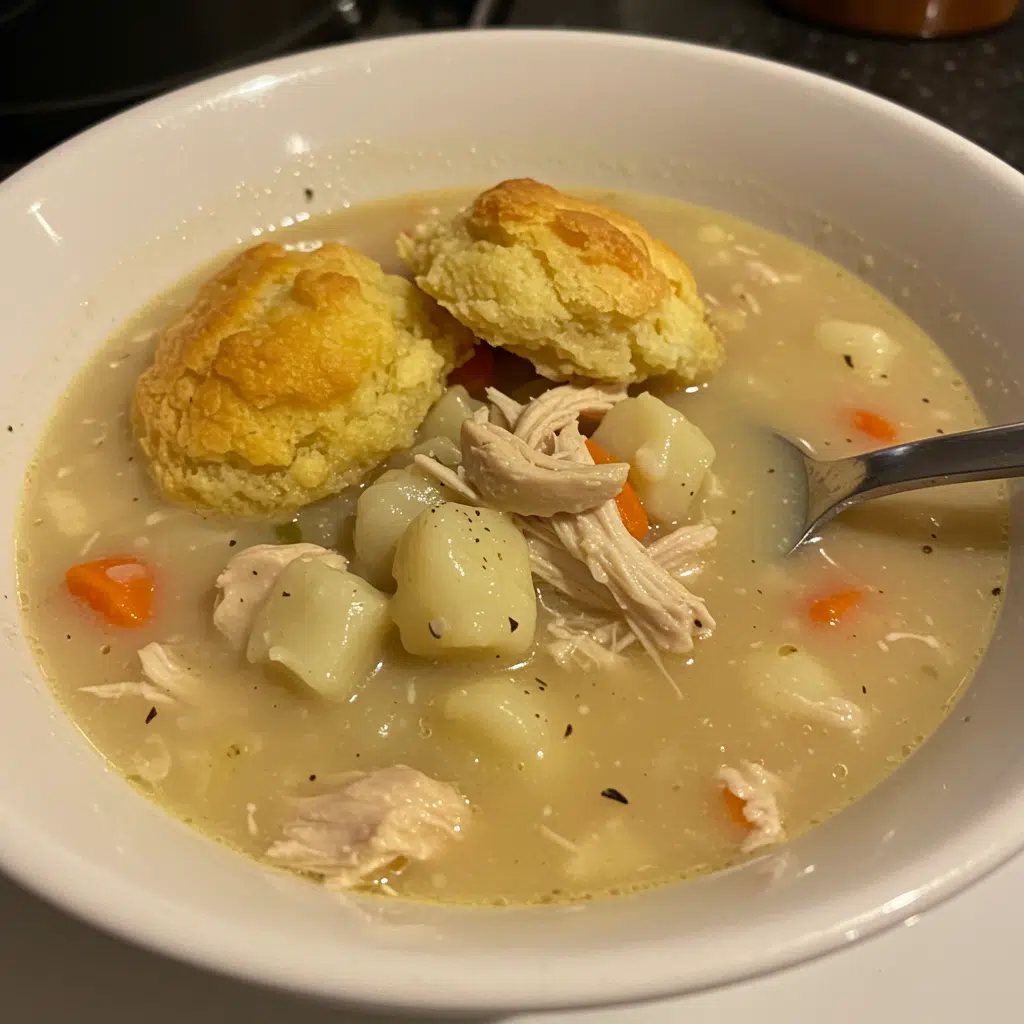 Chicken Pot Pie Soup 7 A bowl of creamy chicken pot pie soup with tender chicken, carrots, peas, and herbs, served with a warm biscuit