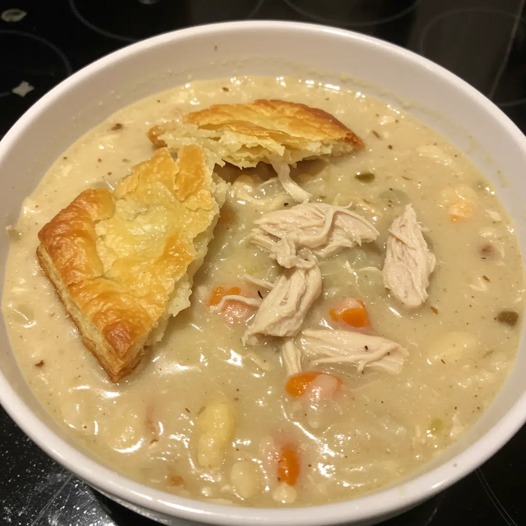 Home Page 34 A bowl of creamy chicken pot pie soup with tender chicken, carrots, peas, and herbs, served with a warm biscuit